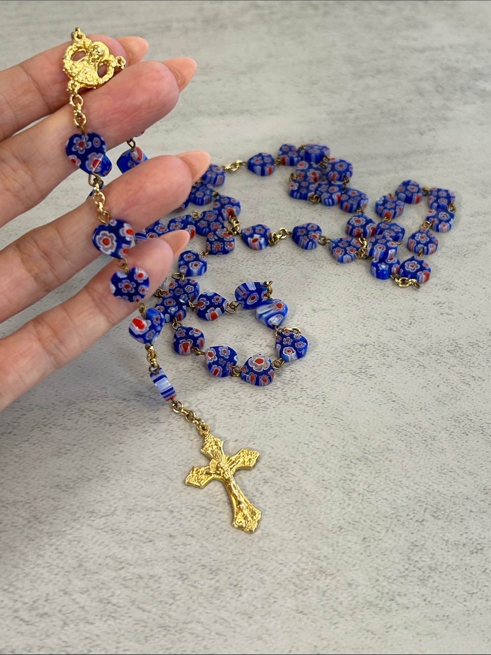 Blue Millefiori Glass Rosary Necklace with Gold Cross - Picture 4 of 4
